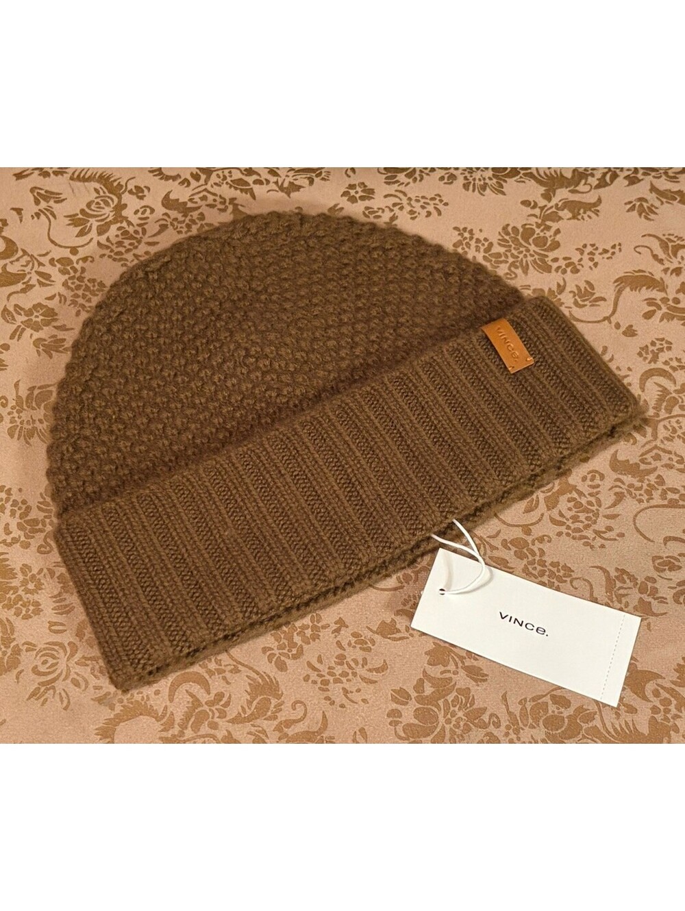 VINCE 100% Cashmere Waffle Knit Beanie Hat Vicuna Brown Retail $145